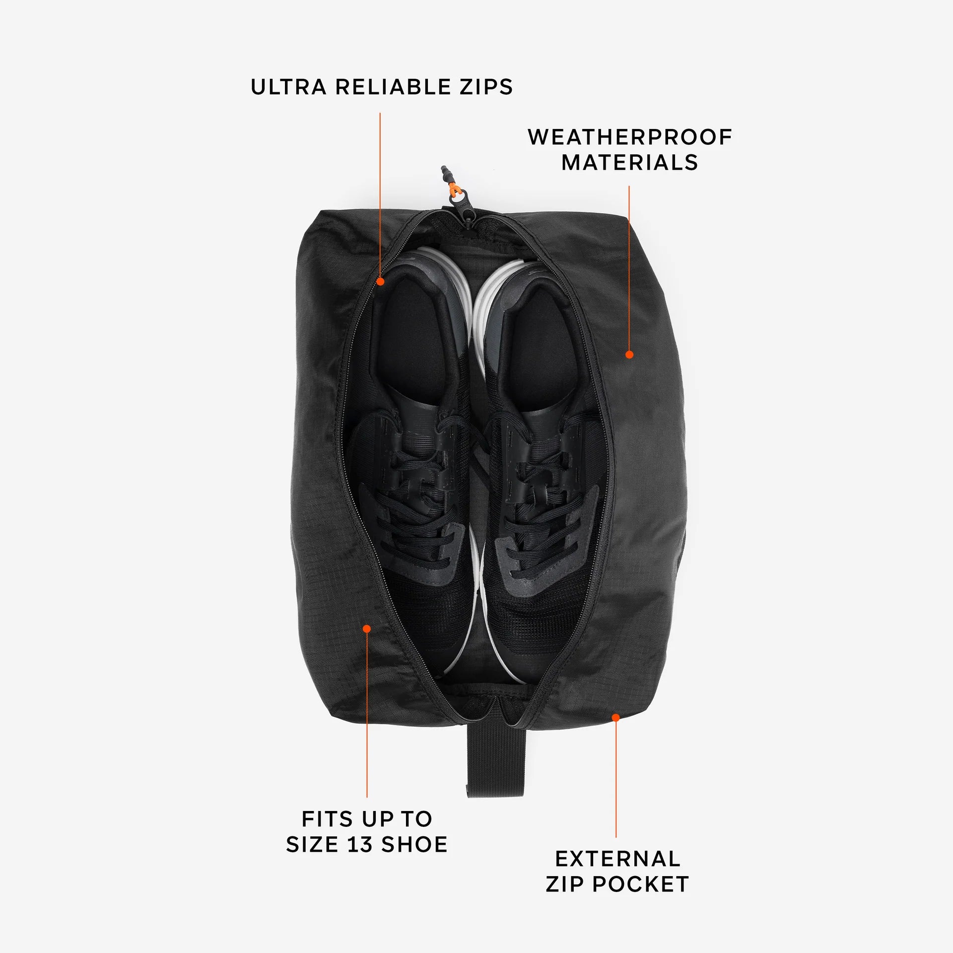 Open weatherproof shoe bag holding two sneakers, exterior zip pocket.