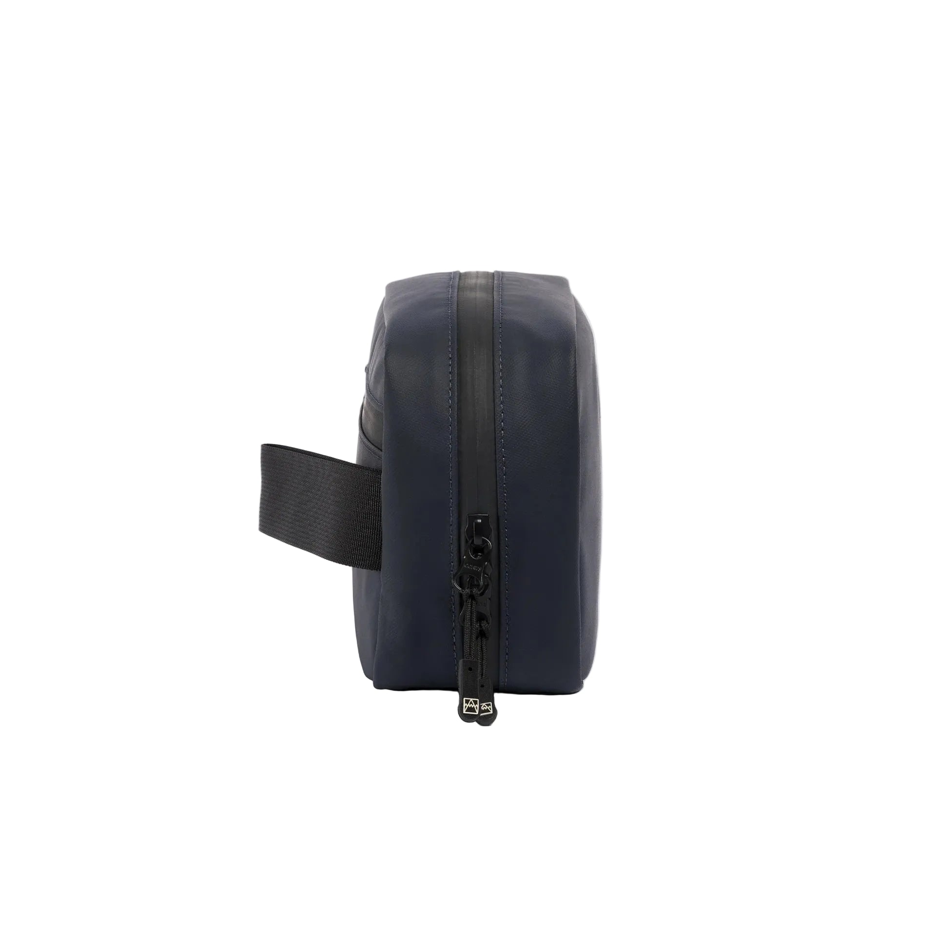 Waterproof tech bag with side strap and top zipper in dark blue