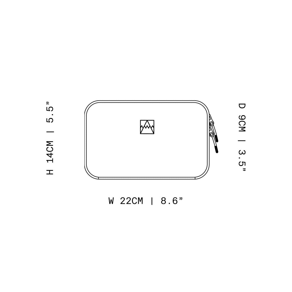 Waterproof tech bag size diagram with 22cm width and 14cm height, dark outline