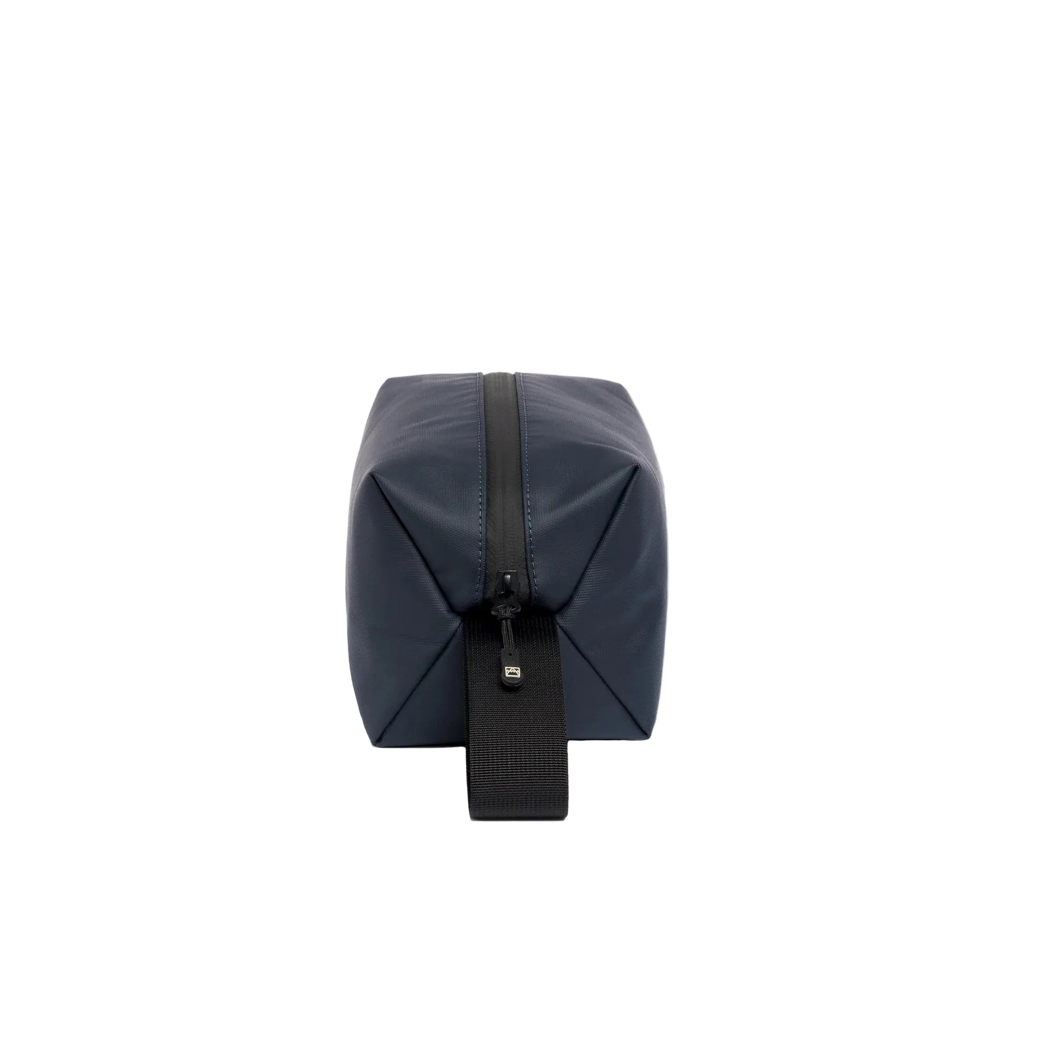 Waterproof wash bag with centered zipper tab and attached webbing wrist handle.