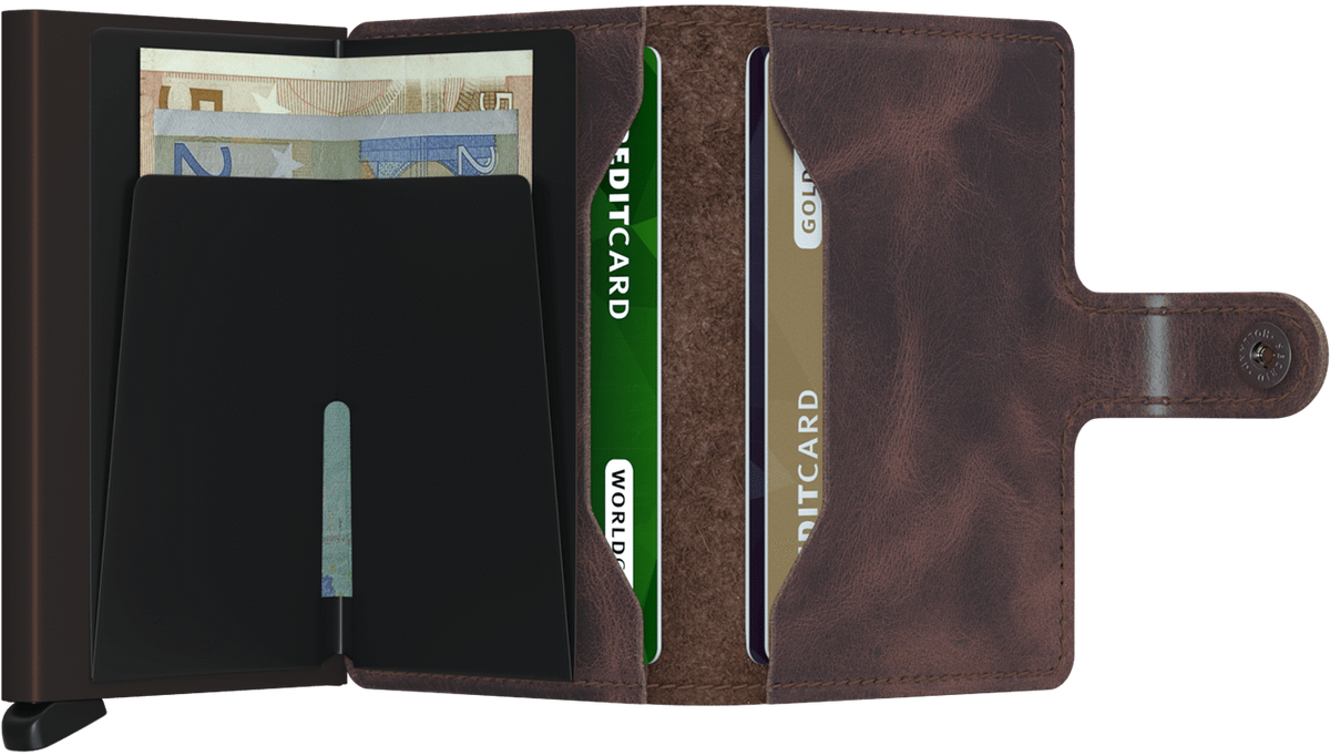 Brown leather mini wallet open with card window and visible cards and cash slot