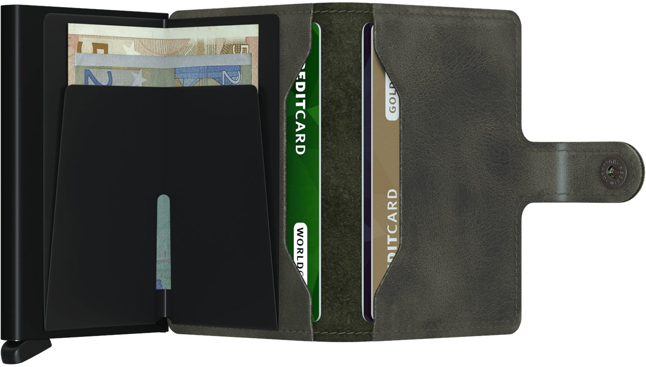 Olive green mini wallet opened with card slots and bill pocket