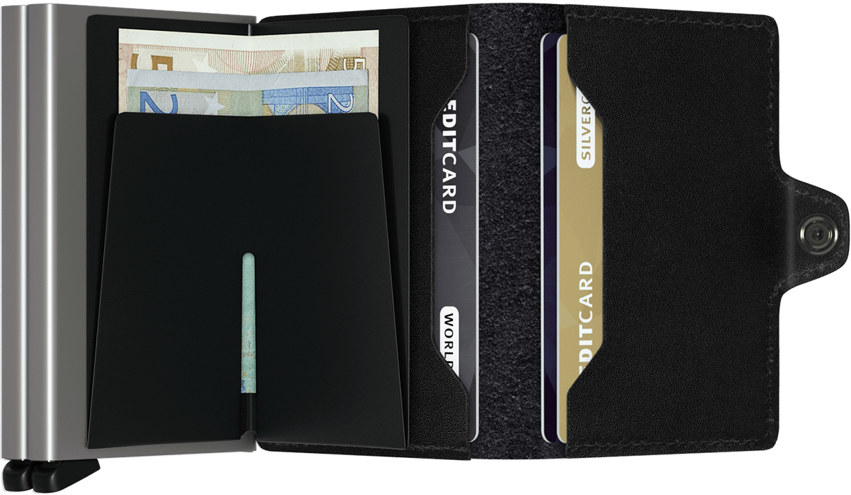 Black leather wallet open with multiple cards and money clip-style divider