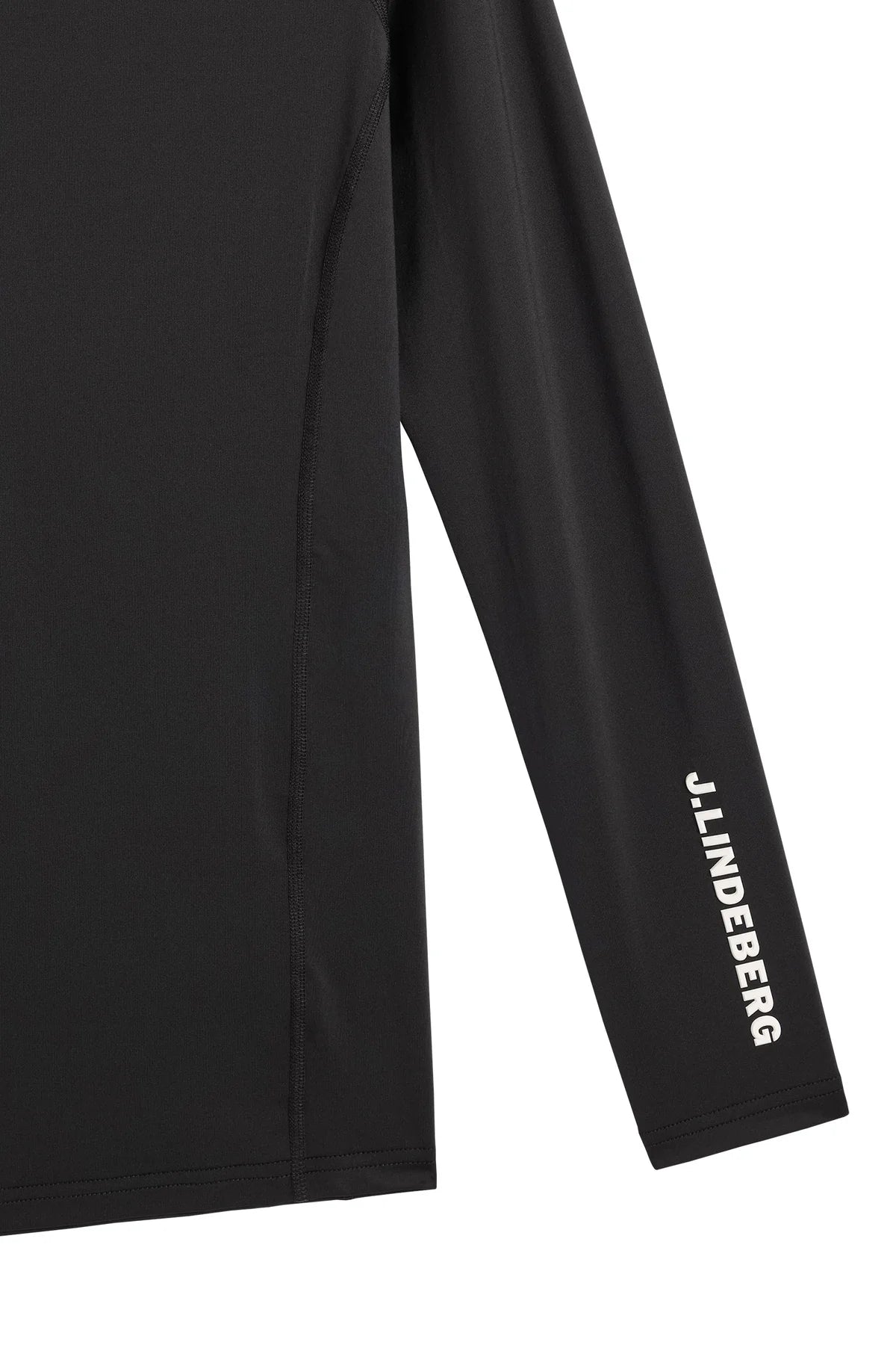Black compression long-sleeve top with mock neck and sleeve logo text.