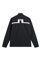 Black zip-up hybrid jacket with stand collar and white chest JL stripe graphic.
