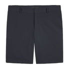 Tech stretch travel shorts in dark navy with belt loops and zip fly