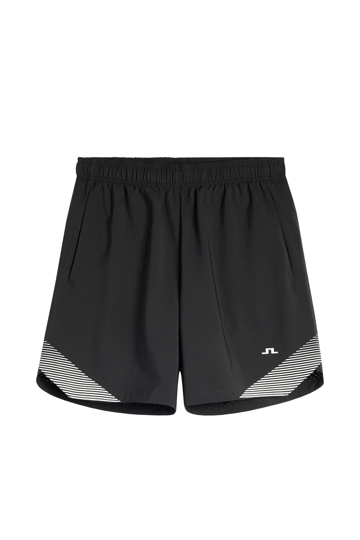 Black athletic shorts with elastic waistband and diagonal striped hem panel