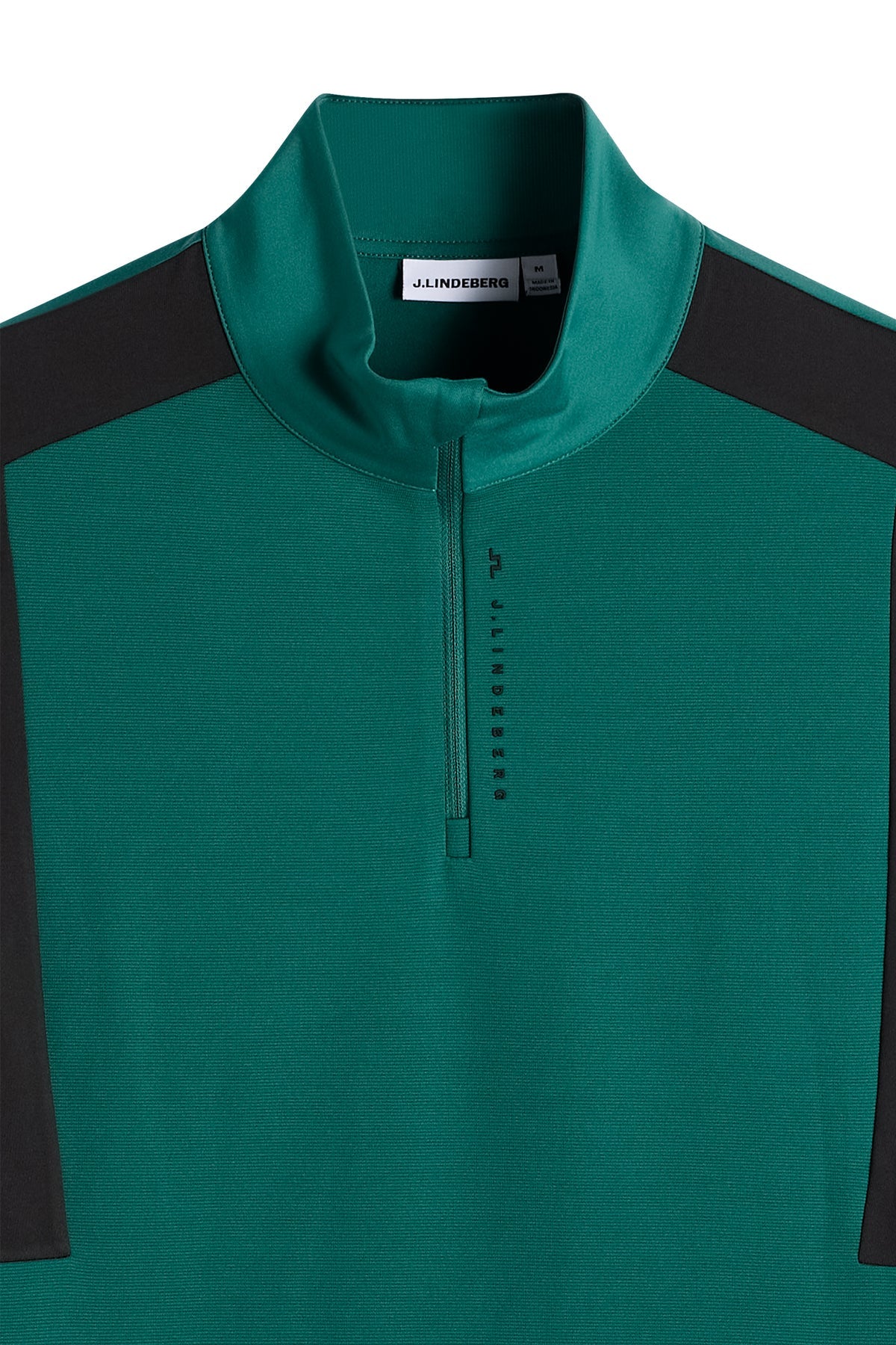 Teal quarter-zip mid layer with half zipper and black shoulder panels