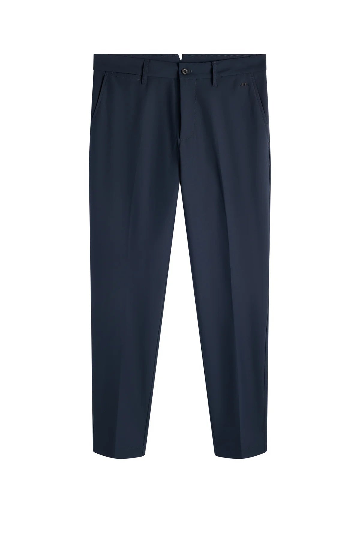 Navy pleated dress trousers with belt loops and button closure