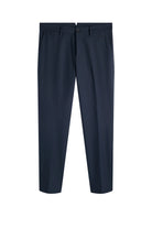 Navy pleated dress trousers with belt loops and button closure