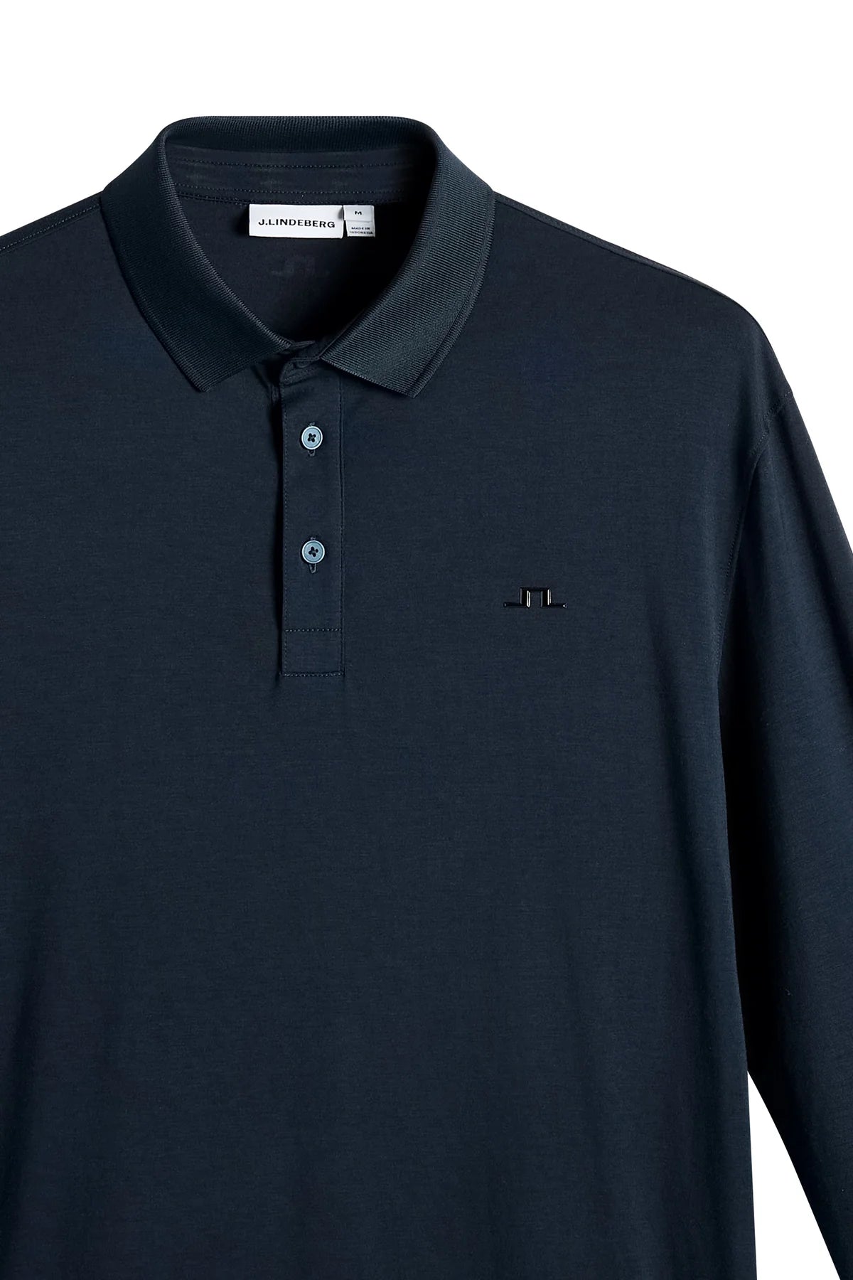 Navy long-sleeve polo with fold-over collar and button placket, chest J.Lindeberg logo