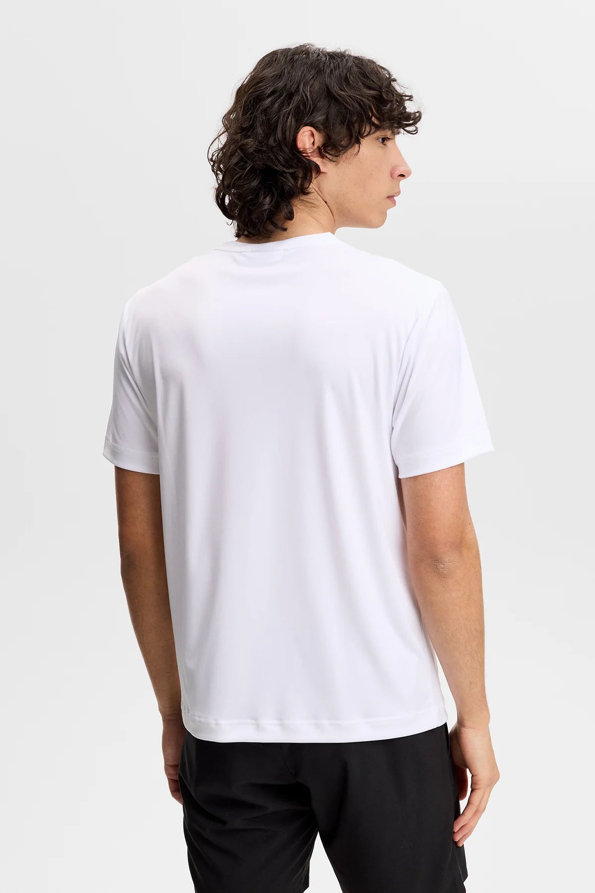 White crew-neck T-shirt, short sleeves, back view with small chest logo