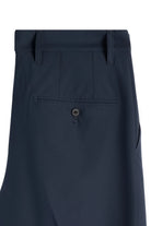 Navy trouser waistband with belt loops, zip fly, and front button