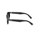 Shiny black round sunglasses side view, tinted lenses, acetate frame with logo detail