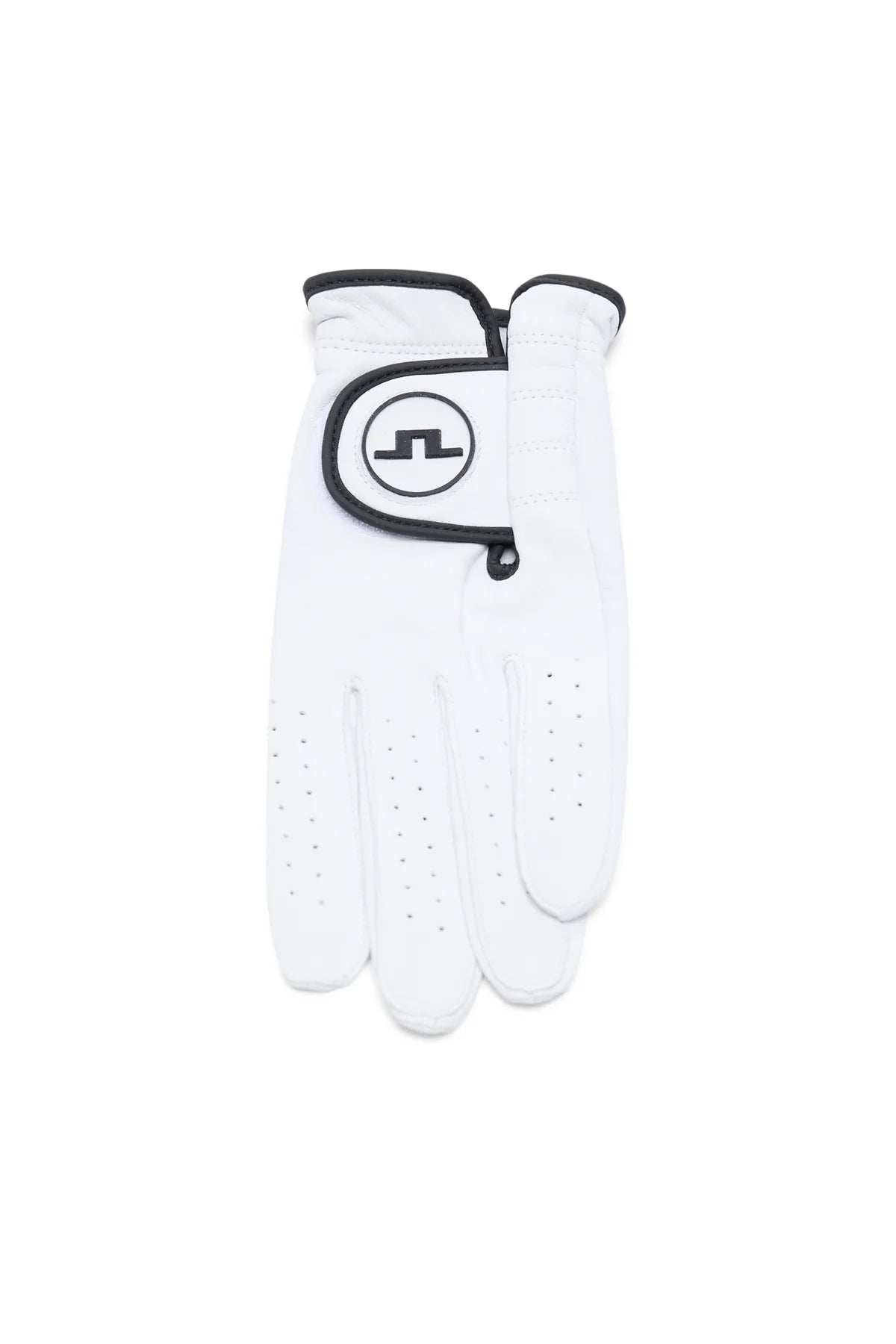 White golf glove with black cuff and J.Lindeberg logo patch