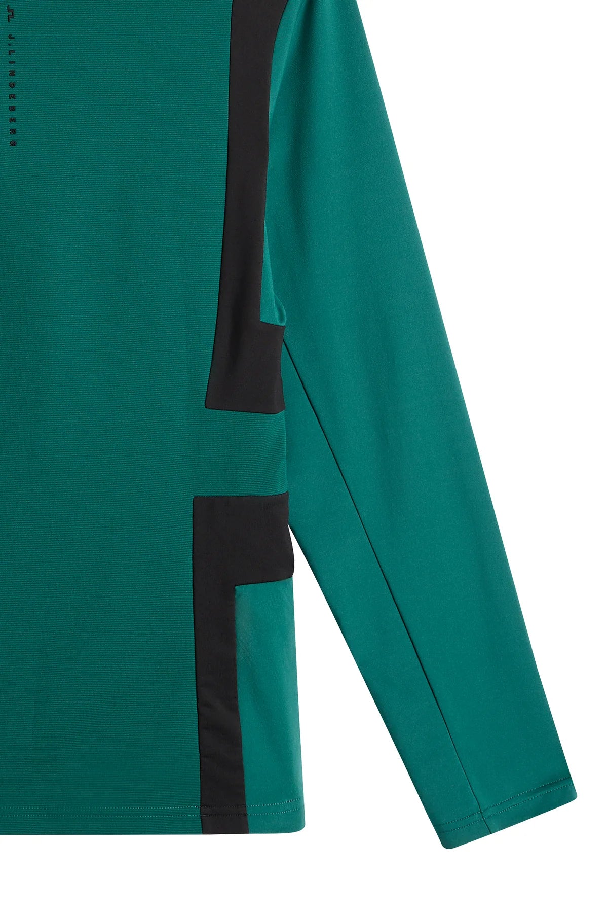 Teal quarter-zip mid layer with diagonal black side panel and long sleeve