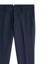 Navy dress pants front view with belt loops, button closure, and side pockets