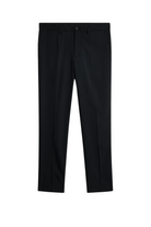 Black tailored pants with button closure, belt loops, and straight-leg fit