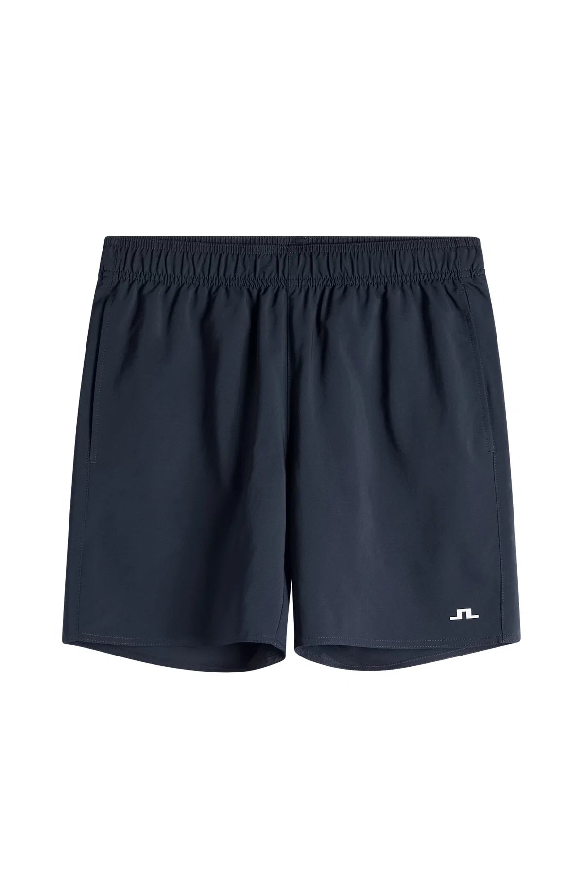 Navy athletic shorts with elastic waistband and small logo at right hem