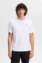 White crew-neck T-shirt with small chest logo, front view