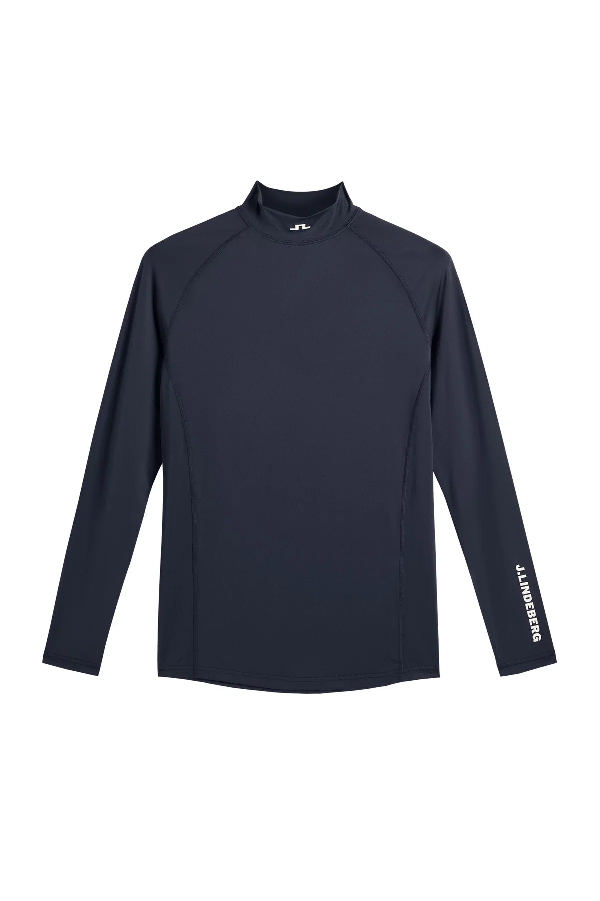 Navy long-sleeve mock-neck compression top, flatlock seams and small chest logo