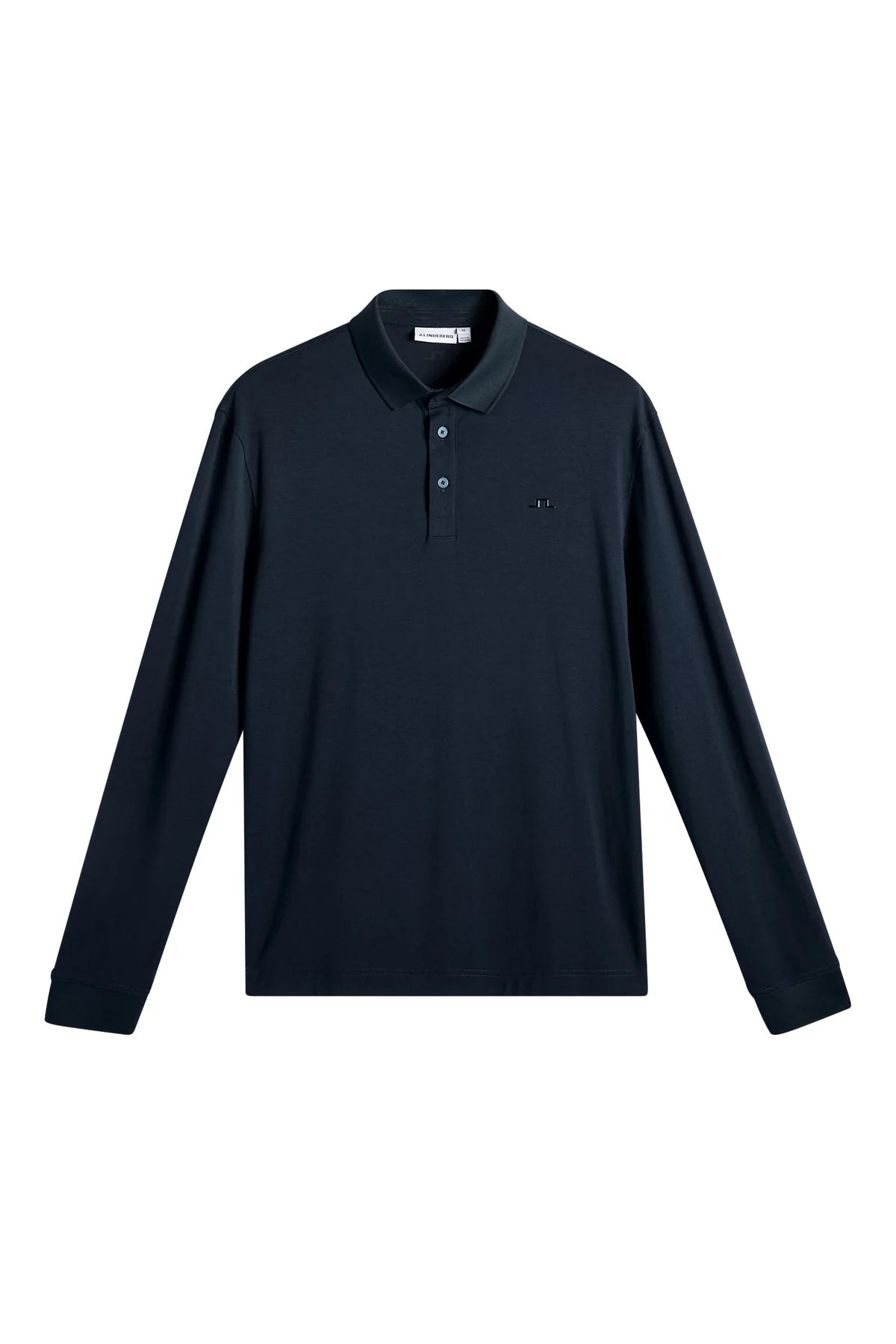 Navy long-sleeve polo shirt with fold-over collar and button placket