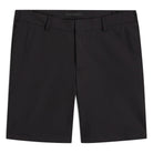 Black tech travel shorts with belt loops and front pleats, straight hem