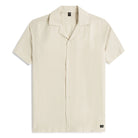 Light sand linen-cotton open collar short-sleeve shirt with button front