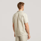 Light sand linen-cotton open collar short-sleeve shirt, back view