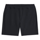 Deep navy drawstring shorts with elastic waist, front pleats, and side pockets