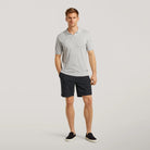 Mens deep navy drawstring shorts with elastic waistband and straight knee-length cut
