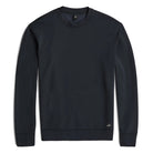 Deep navy crewneck sweater with long sleeves and ribbed hem and cuffs
