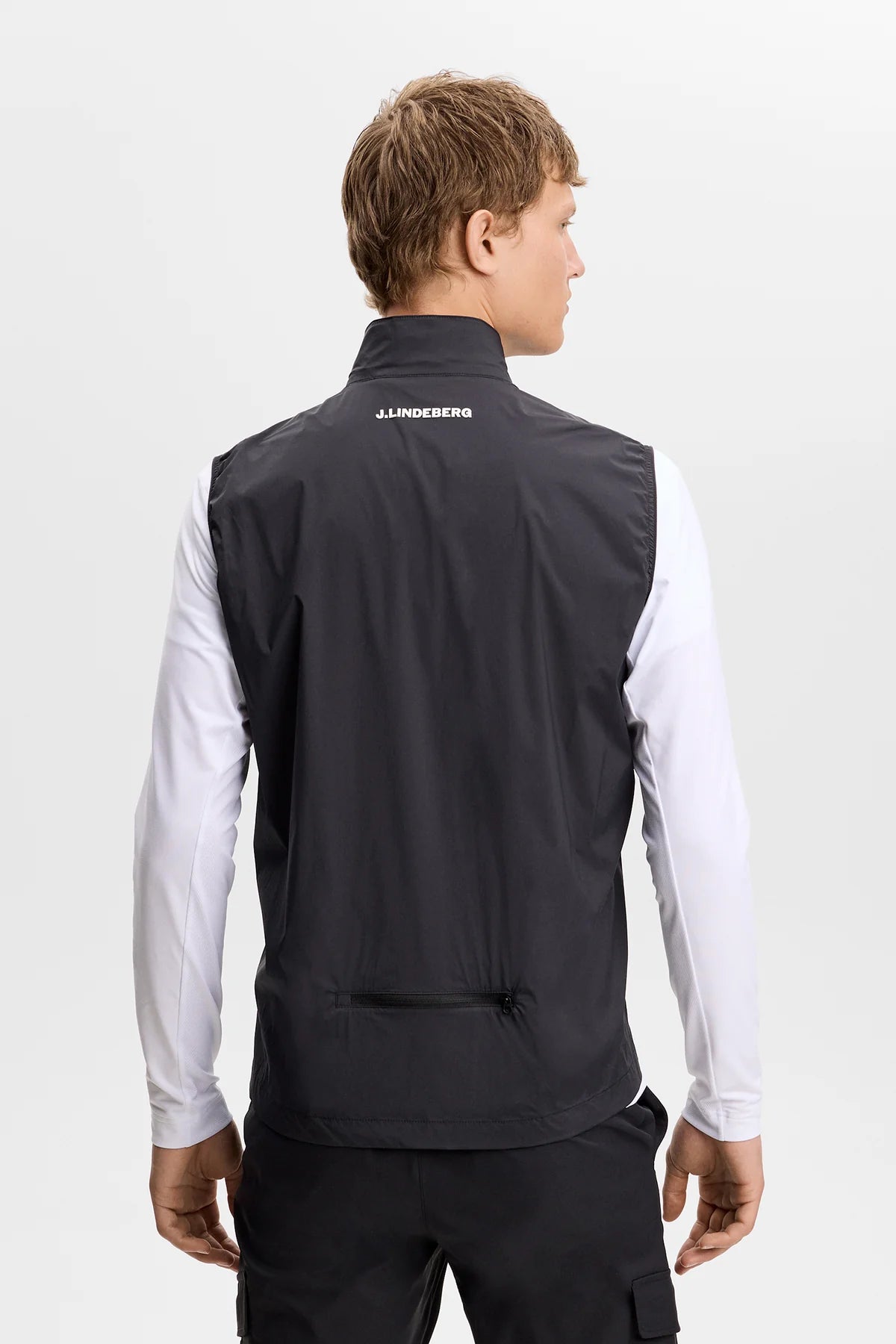 Black packable vest back view with stand collar and full front zipper detail.