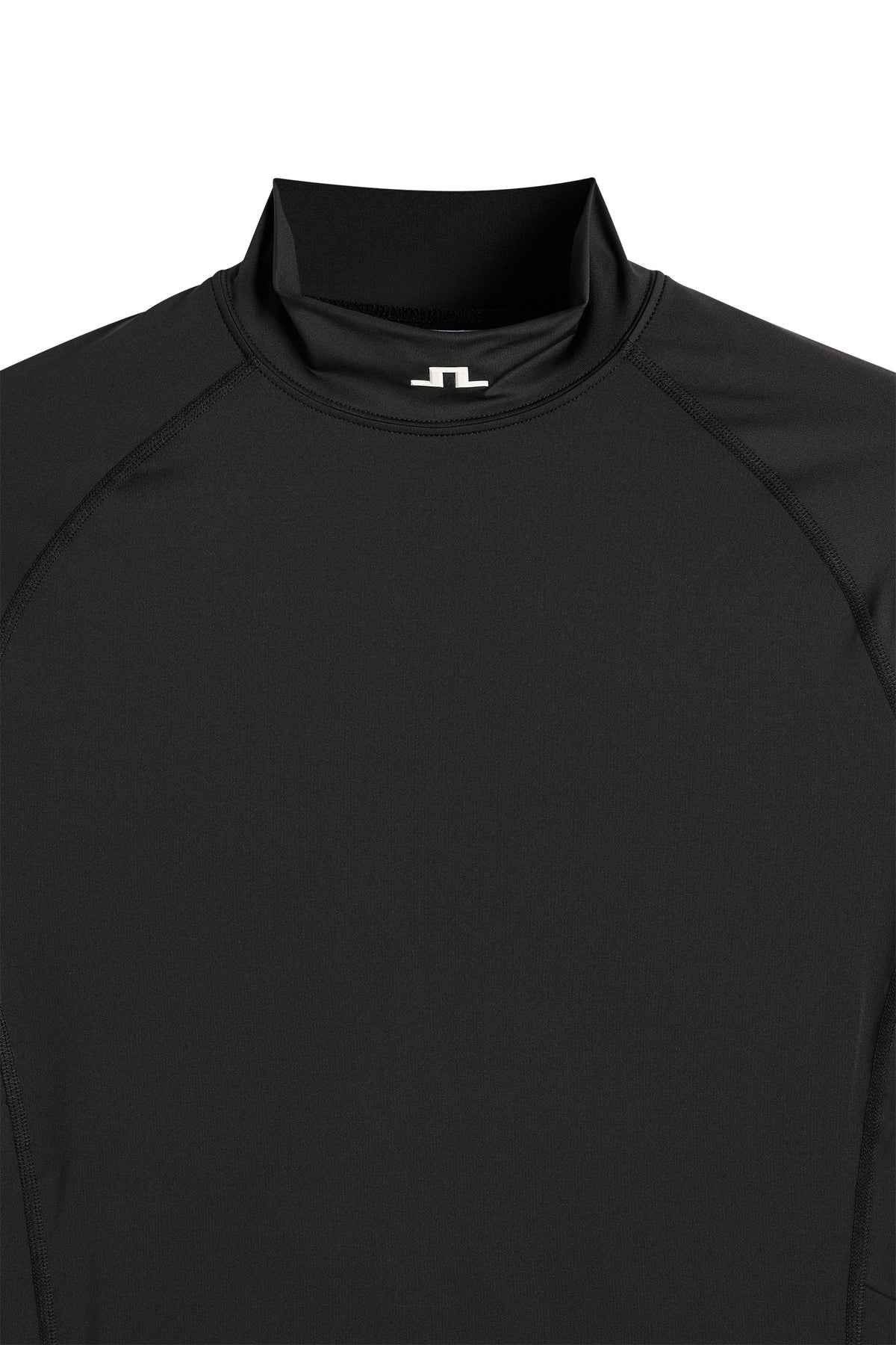 Black compression mock-neck top with small chest logo at neckline.