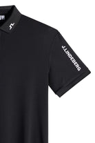 Black polo shirt sleeve with J.Lindeberg logo print and ribbed collar