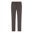 Dark brown trousers with clean waistband and straight leg silhouette