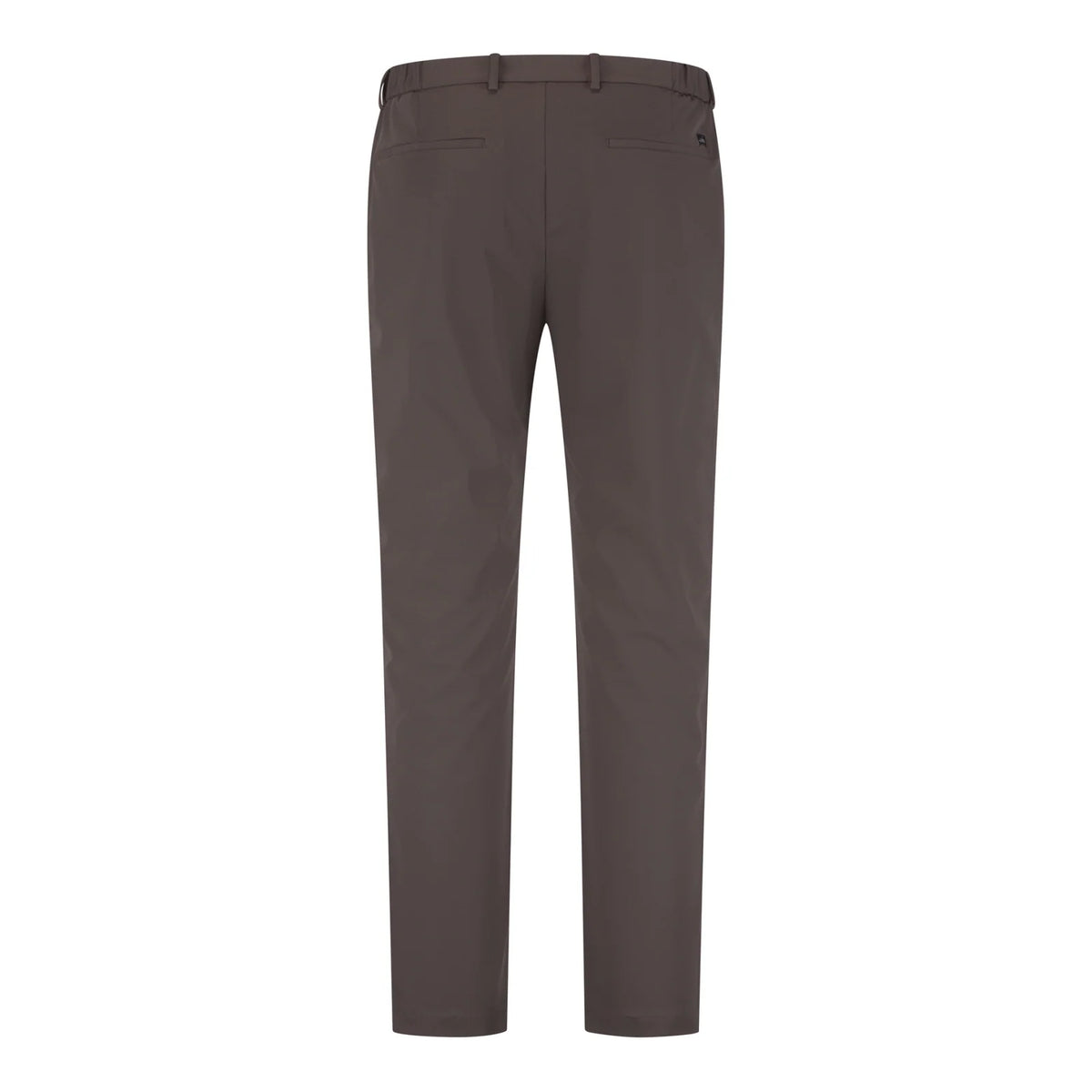Pair of dark brown tech stretch travel trousers with belt loops and zip fly