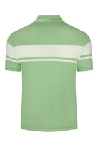 Kids polo shirt back view, green body with white horizontal stripe
