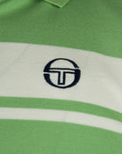 Kids polo shirt chest logo on white-and-green stripe panel