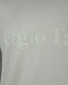 Off-white T-shirt fabric close-up with Sergio Tacchini lettering print