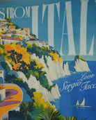 Close-up of Italy-themed T-shirt graphic with sea, cliffs, and sailboats