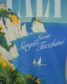 Close-up of Italy-themed T-shirt graphic with Love Sergio Tacchini script
