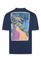 Navy blue T-shirt with large back graphic featuring Italy text and beach artwork.
