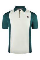 Colorblock polo shirt, white front with teal sleeves and collar, quarter-zip, Fila logo.