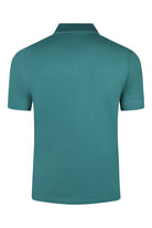 Short-sleeve polo shirt back, teal fabric with ribbed collar.