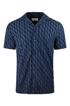 Blue short-sleeve button-up shirt with patterned jacquard texture and spread collar