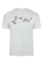 White cotton short-sleeve T-shirt with multicolor embroidered back script