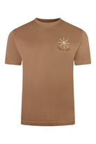 Caramel cotton T-shirt with chest 'Sol e Mar' sun logo print.