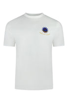 White cotton T-shirt with blue/brown sunburst logo on chest