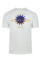 White cotton T-shirt with large back print: blue sunburst and orange text
